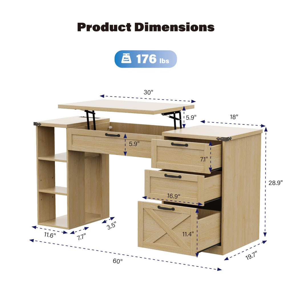 Farmhouse Lift Top Desk: Rustic Wood Standing Desk with 3 Drawers & Open Storage Shelves, Adjustable Height, White &