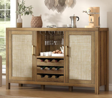 Rattan Wine Bar Cabinet, Boho Rattan Home Bar with Glass Holder and Drawer Style Racks, Oak Sideboard Buffet Storage