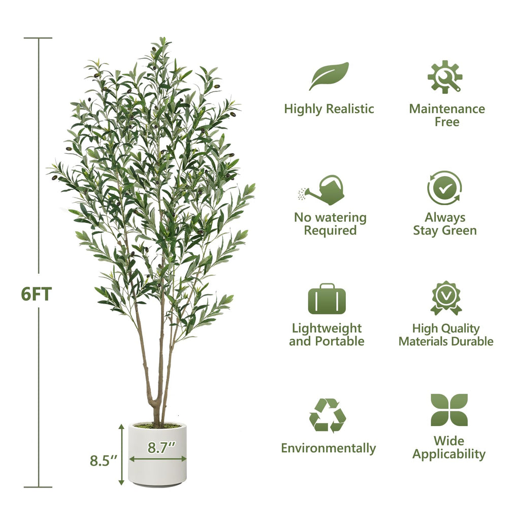 Olive Trees Artificial Indoor, 2 PCS 6FT Faux Olive Tree with Tall Pot, Natural Wood Trunk Treemote and Leaves, Fake