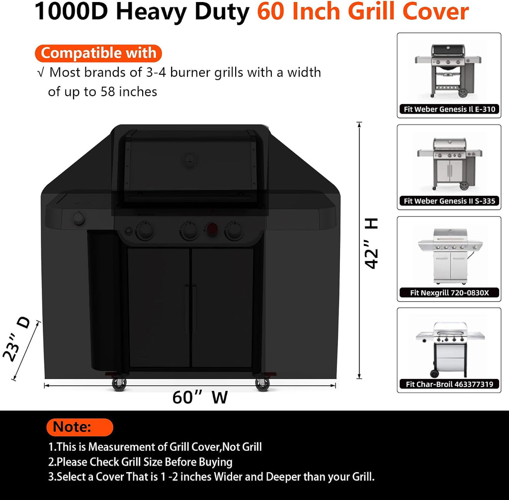[Upgraded 1000D Heavy Duty Fabric] 60 inch Grill Cover for Outdoor Grill | Waterproof, Tear & Fade Resistant BBQ