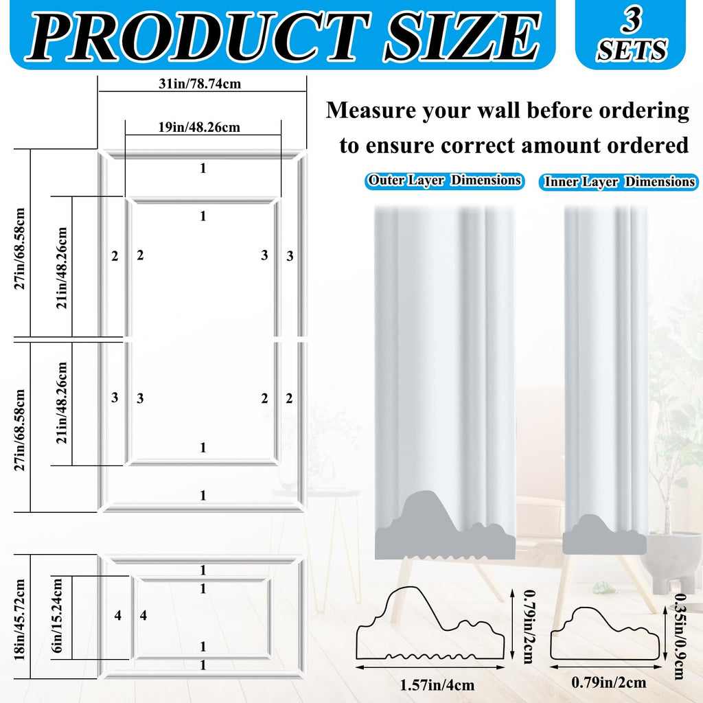 3 Set Peel and Stick Wall Molding Kit Panel, 31x54 in