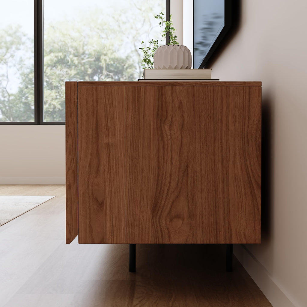 Modern Walnut TV Stand - Long Media Console with 4 Doors, Large Concealed Storage, Cable Management & Metal Legs
