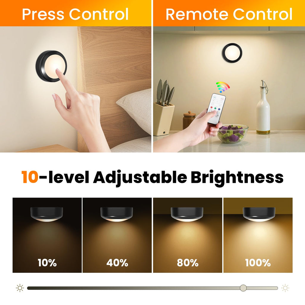LED Puck Lights with Remote Control, 16 Color Changing Wireless Under Cabinet Lighting with Dimmer & Timer, AAA