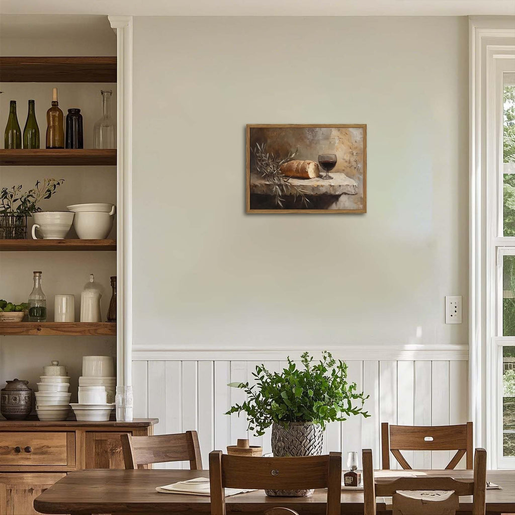 Christian Kitchen Communion Still Life Wall Art Bread and Wine Religion Wall Decor Painting Last Supper Dining Room