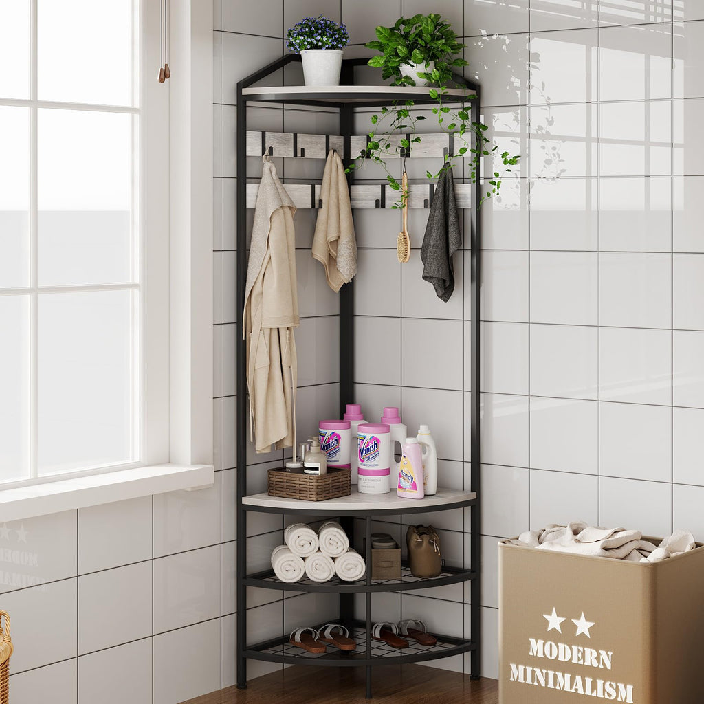 Grey Corner Hall Tree with Shoe Bench Entryway Coat Rack with 10 Metal Movable Hooks Rustic Farmhouse Floorstanding