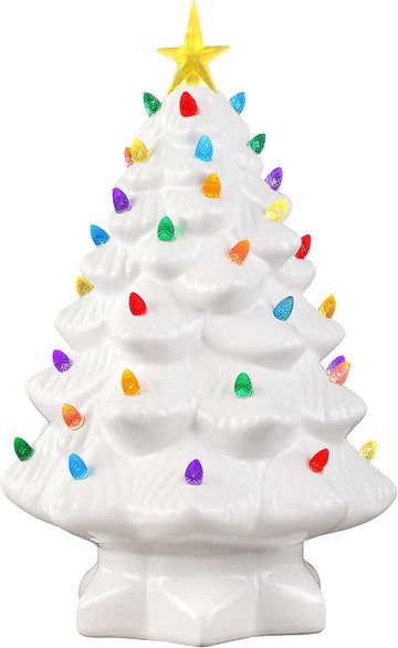 Nostalgic Ceramic Christmas Tree with LED Lights Indoor Decoration, 14 Inches, White