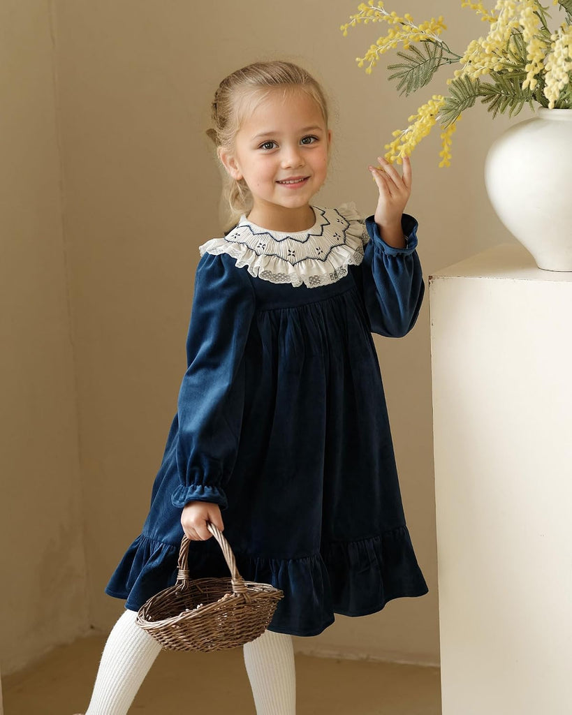Baby Girls' Dresses,Toddler Vintage Christmas Party Velvet Fall Dress with Long Ruffle Sleeve and Peter pan Collar