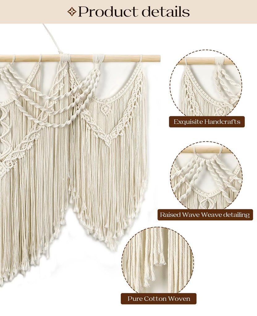 Macrame Wall Hanging, 43"x32" Boho Wall Tapestry, Large Wall Art, Gallery, Office (Tassel)