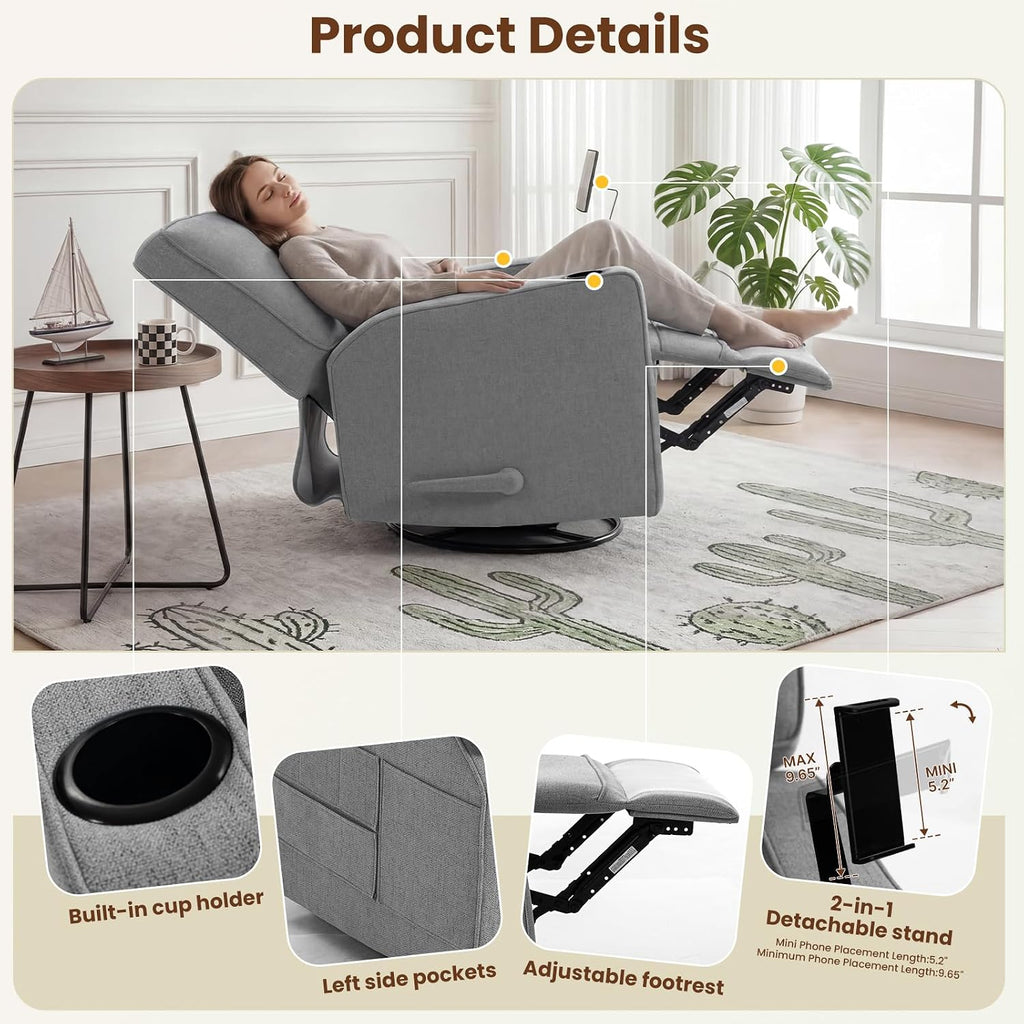 360° Swivel Rocker Recliner Chair with Adjustable Footrest, Rocking Chair Nursery with Phone Stand & Cup