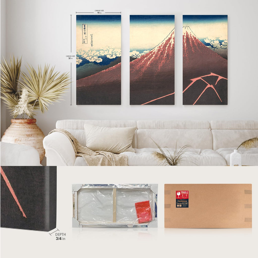 Japanese Wall Art, Black Fuji Hokusai Storm 3 Piece, 48x32''