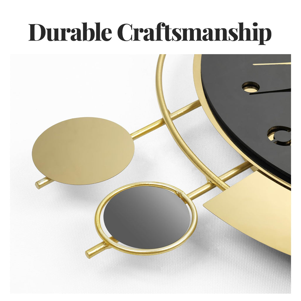 Modern Wall Clock Black Gold with Pendulum, Decorative Metal Clock