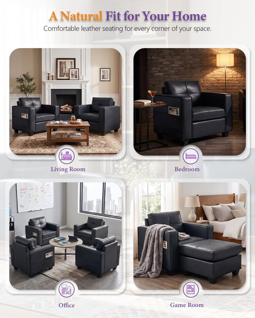 Black Faux Leather Accent Chair, Oversized Tufted Armchair
