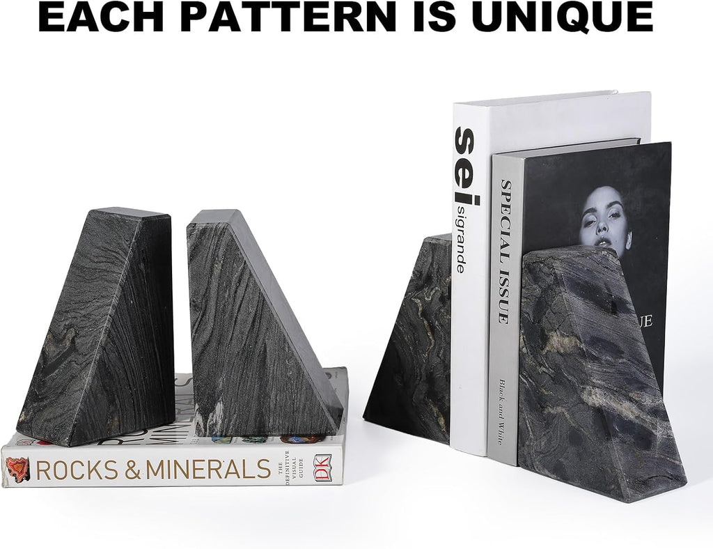 Marble Bookends for Heavy Books, Decorative Book Ends for Shelves, Titanium Black Stone Durable and Heavy-Duty Book
