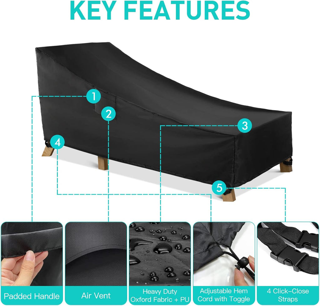 Patio Chaise Lounge Cover Waterproof, Heavy Duty Outdoor Lounge Chair Covers, Black Durable Patio Furniture Covers