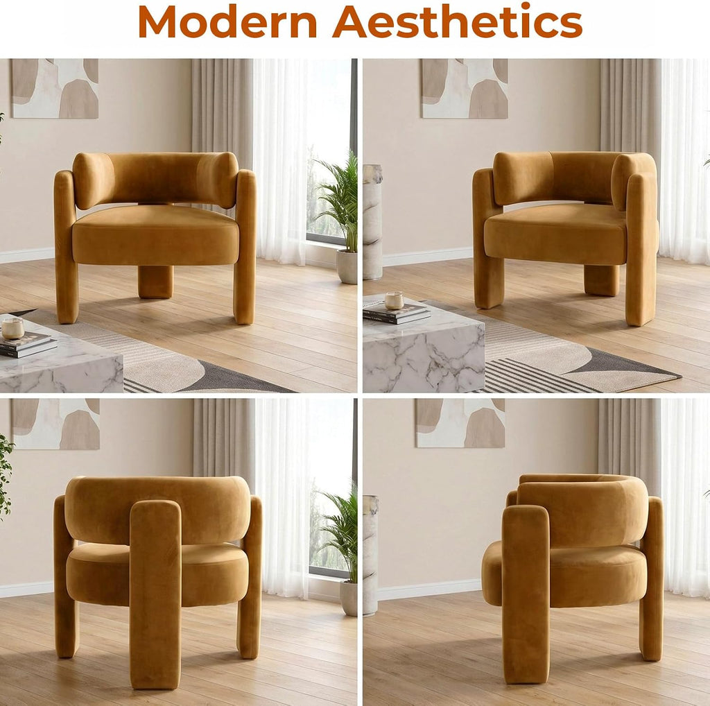Modern Velvet Accent Chair, Comfy Upholstered Barrel Chairs (1, Khaki) | Accent Chairs with 3 Legs, Side Arm Chair
