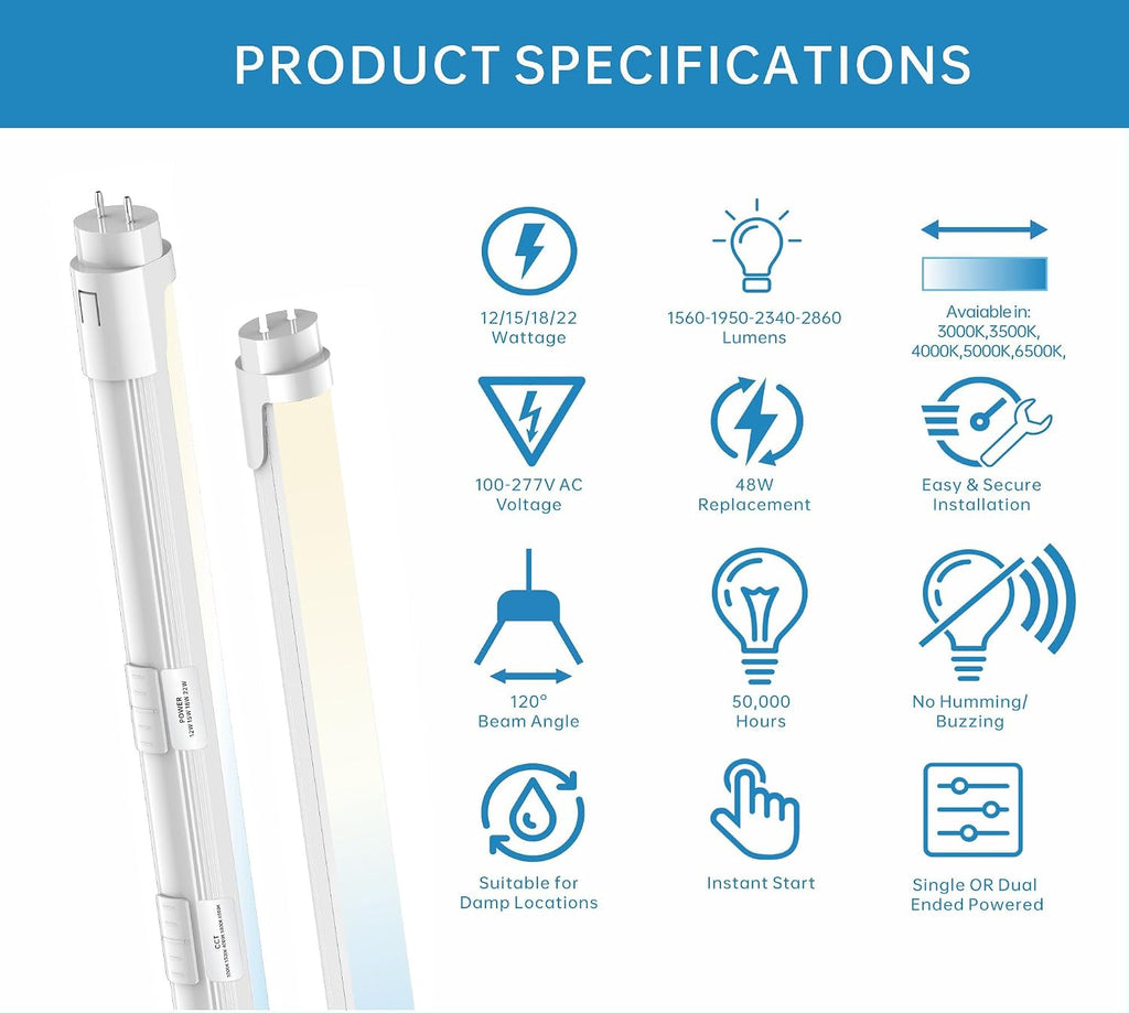 4FT T8 LED Tube Light, Type A+B, 12W/15W/18W/22W, 3000K |3500K|4000K | 5000K | 6500K, Single and Double End Powered