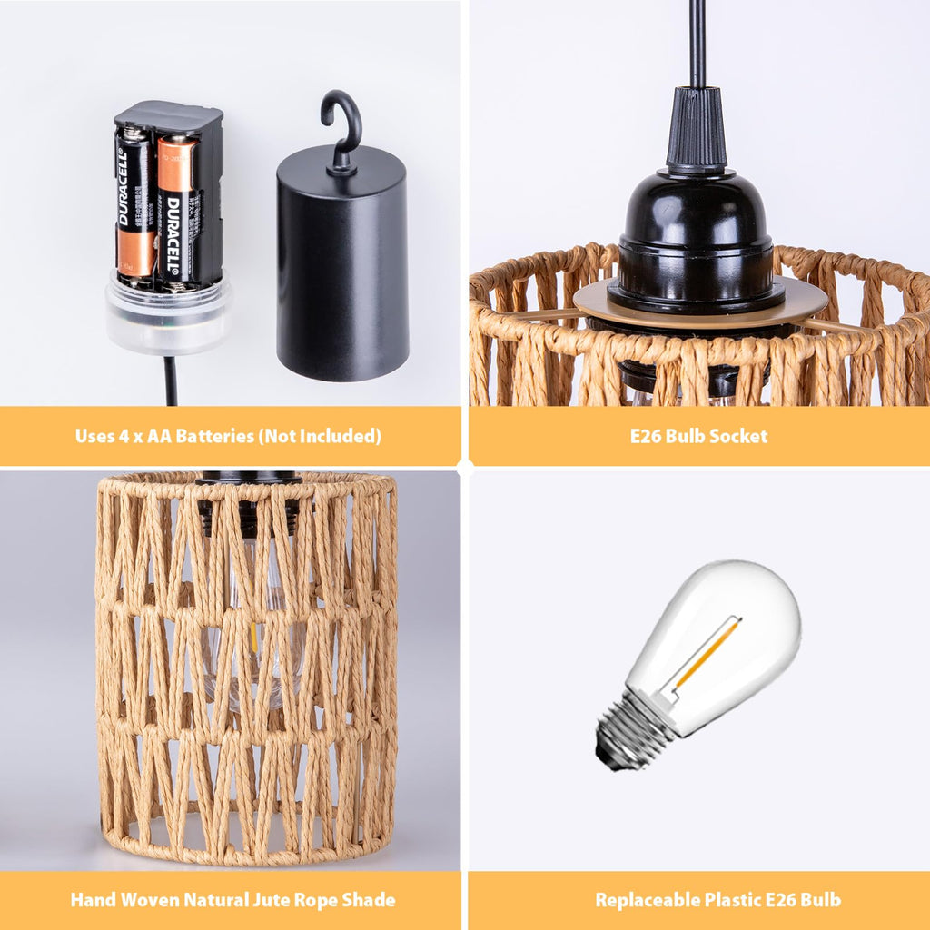 Battery Operated Chandelier, Battery Hanging Pendant Light, Rattan Lights with Warm White Bulb, 4*AA Battery Powered