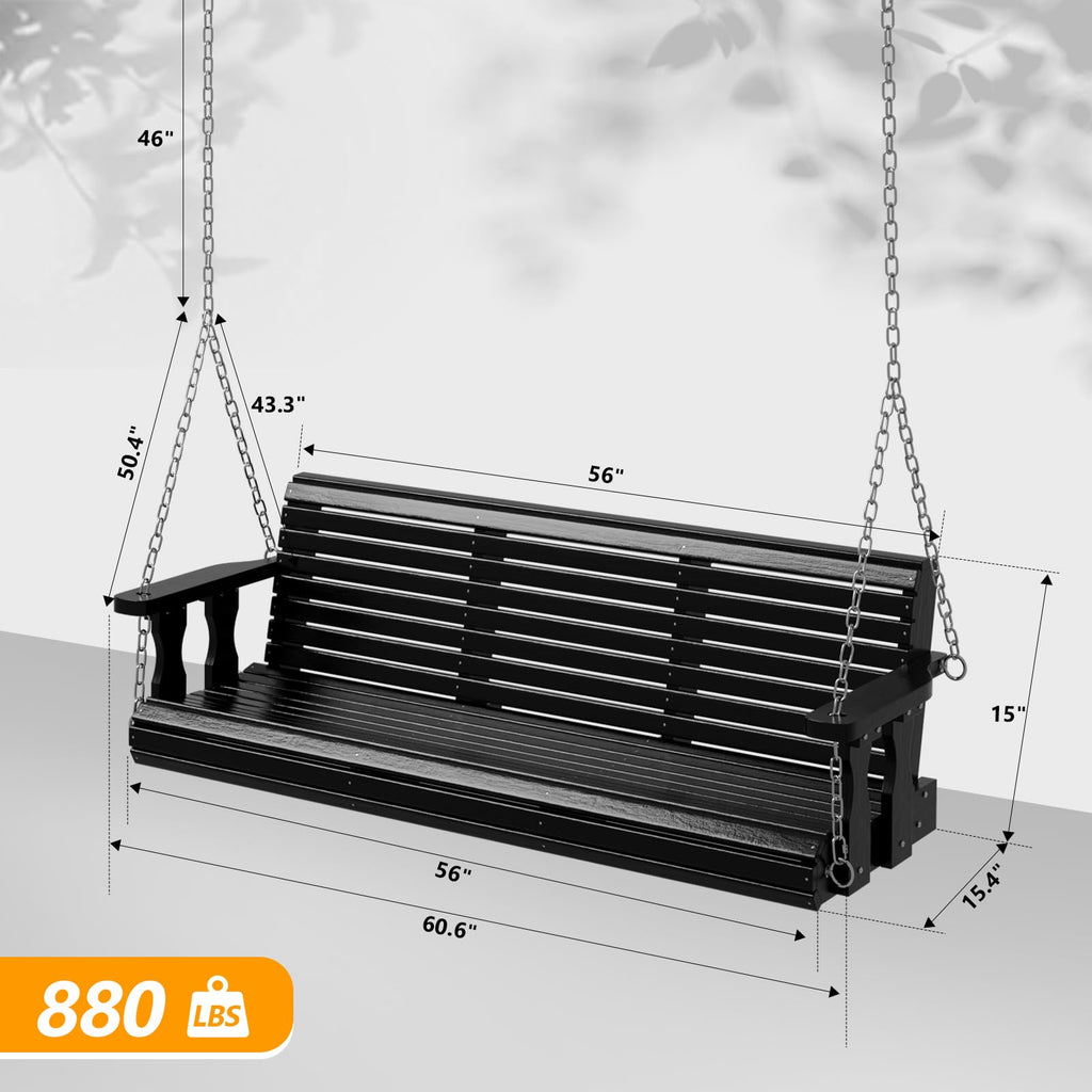 2026 Upgraded 5 FT Wooden Porch Swing, 880 LBS Heavy Duty, Black