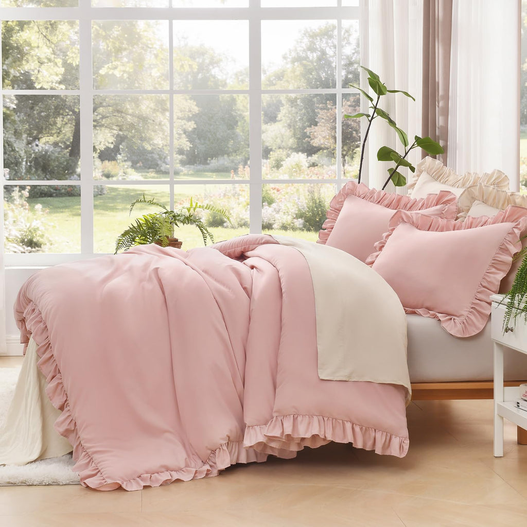 Full Comforter Sets, 3 Pieces Blush Pink Ruffle Girls Women Cute Bedding Comforters & Sets, Lightweight Fluffy