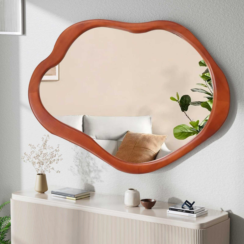 42"x 28" Irregular Wall Mirror, Walnut Wood Framed Wall Mirror, Asymmetrical Wall Wavy Mirror Bedroom Entryway