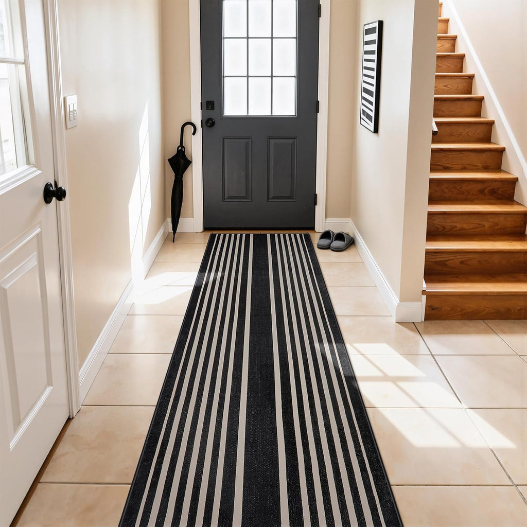 Black and White Striped Runner Rug, 2. Washable Geometric Rugs, Non Slip Rubber Backing Indoor Runner Rugs Modern