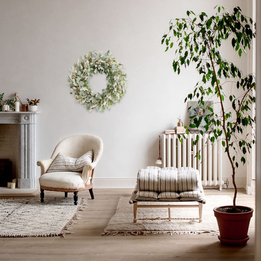 24 Inch Summer Spring Ivory Flowers Wreath for Front Door, Everyday Lamb Ears Leaves Wreath with White Artificial
