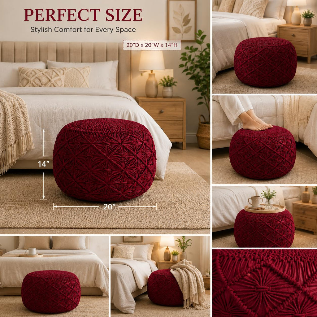 Macrame Pouf Ottoman 20x20x14 Red Handwoven Dori Footrest Stool