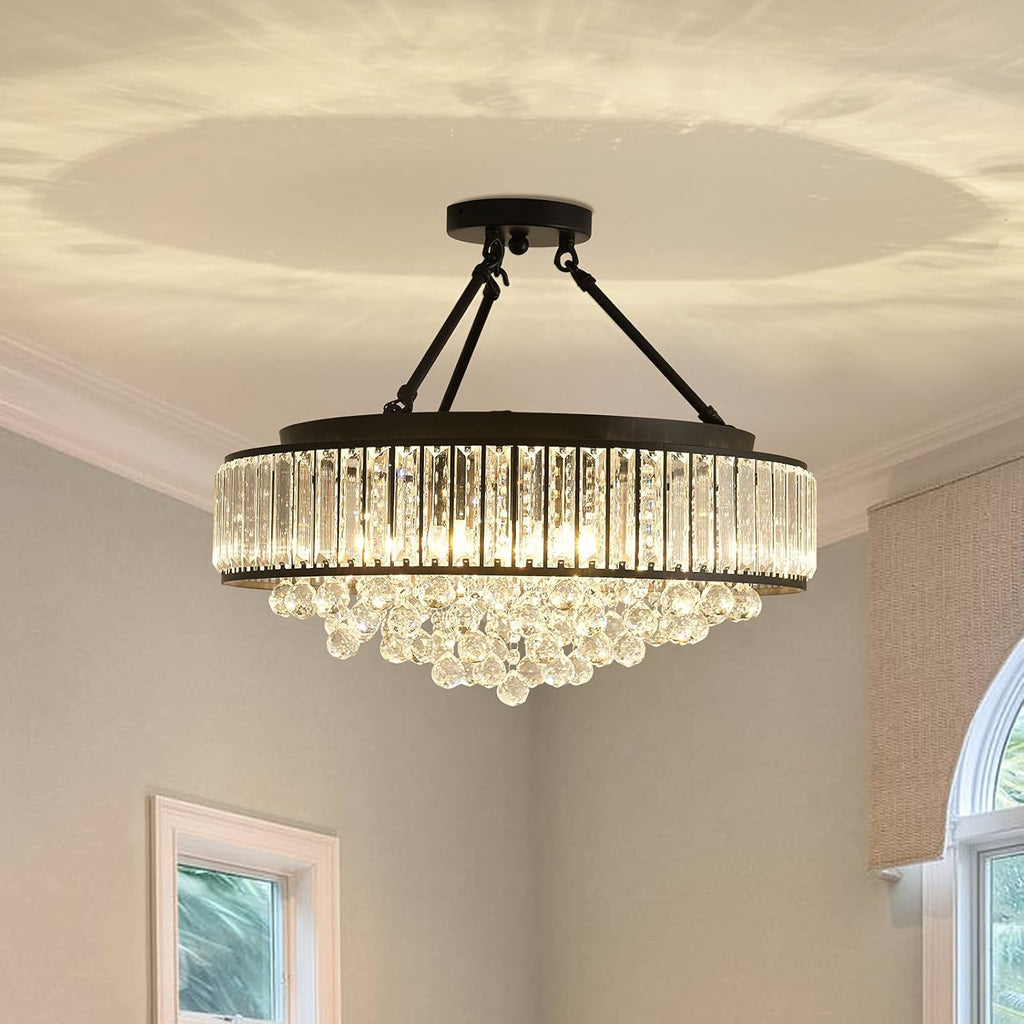 6-Light Modern Large Crystal Chandelier Black Metal E26 Semi Flush Mount Round Light Fixture Ceiling Lamp Farmhouse