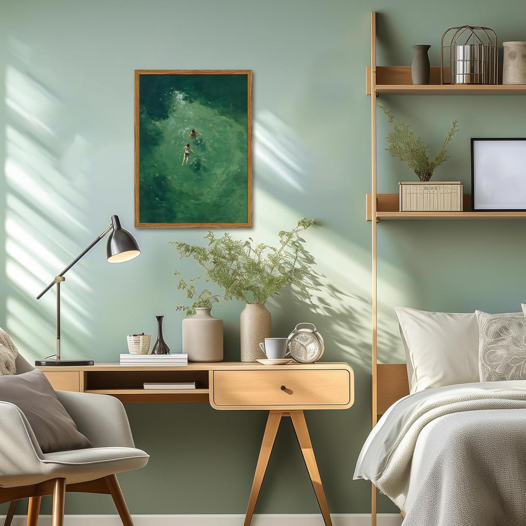 Framed Tiny People Swimming Canvas Wall Art, Minimalist Green Water Pictures Wall Decor, Abstract Summer Beach