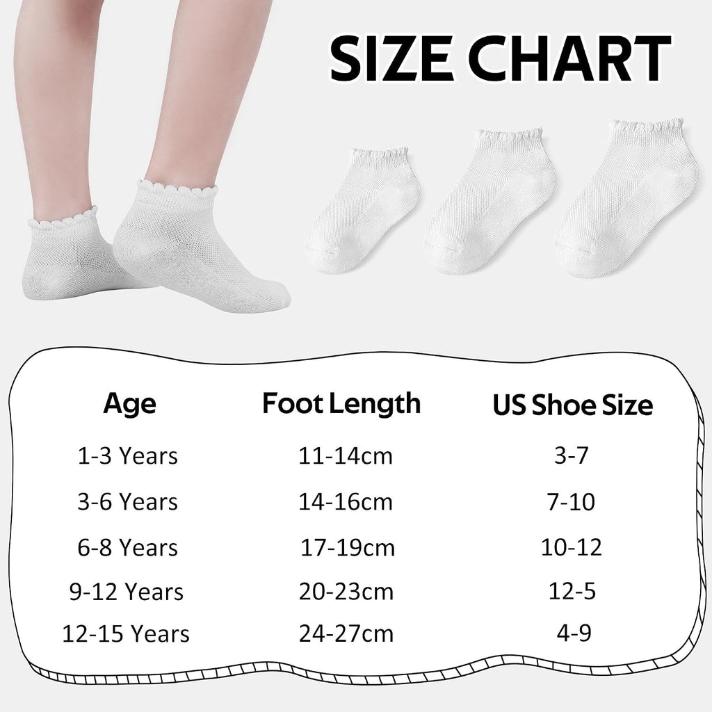 6 Pairs Girls Socks Ruffled White Cotton Ankle Socks