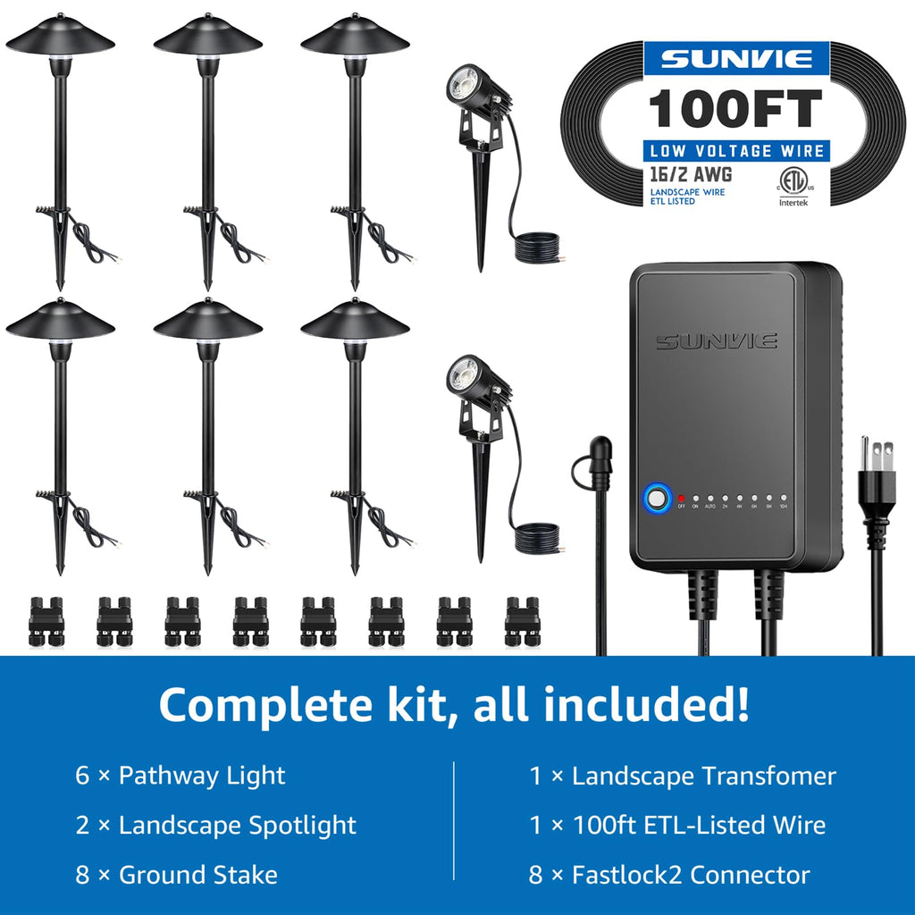 All-in-One LED Low Voltage Landscape Lighting Kit 6 Pathway Lights 2 Spotlights with 60W Photocell Transformer