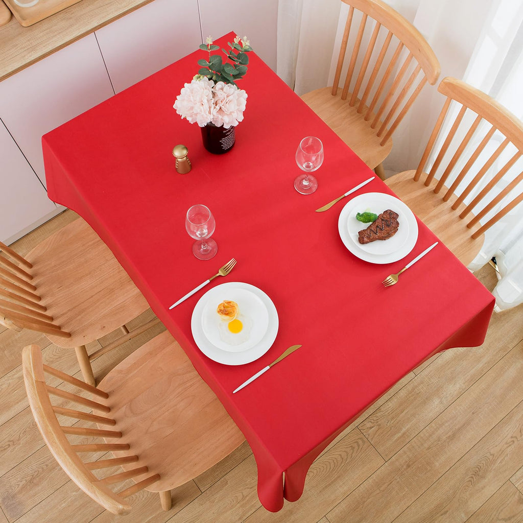 Vinyl Christmas Tablecloth with Flannel Backing, Solid Red, Waterproof, Stain-Resistant, Easy-Clean Table Cover for