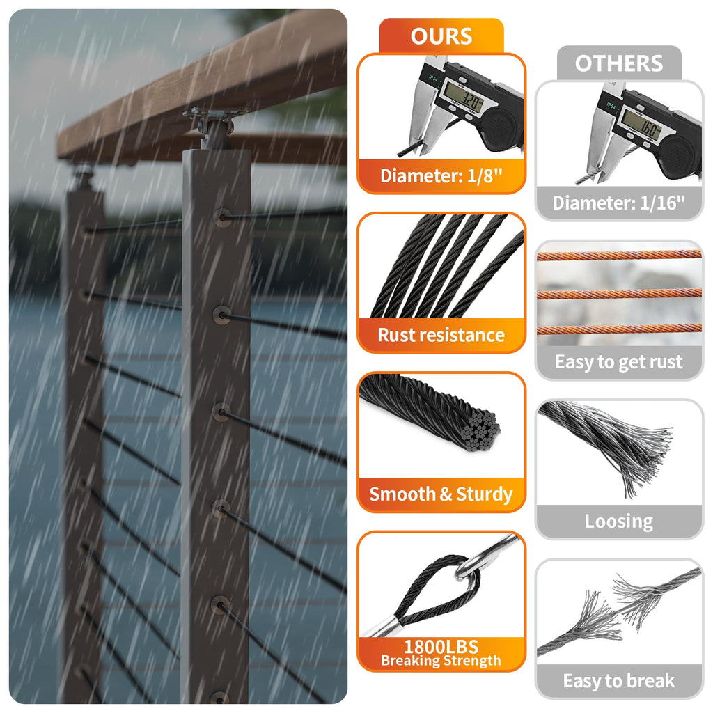 Black Cable Railing Kit - 1000FT 1/8" T316 Stainless Steel Cable