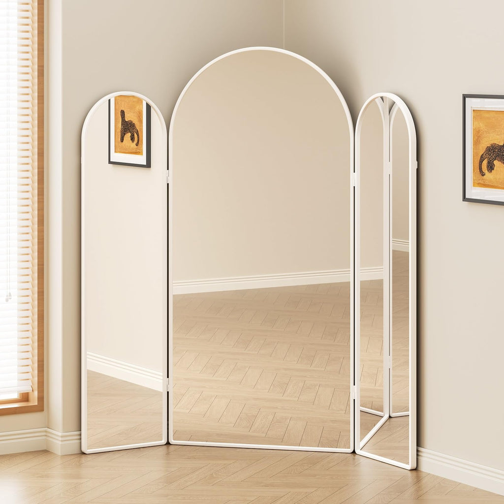 3 Way Arched Full Length Mirror Free Standing, 71"x 67" Large Modern Trifold Mirror with 3 Panel Tempered Glass &