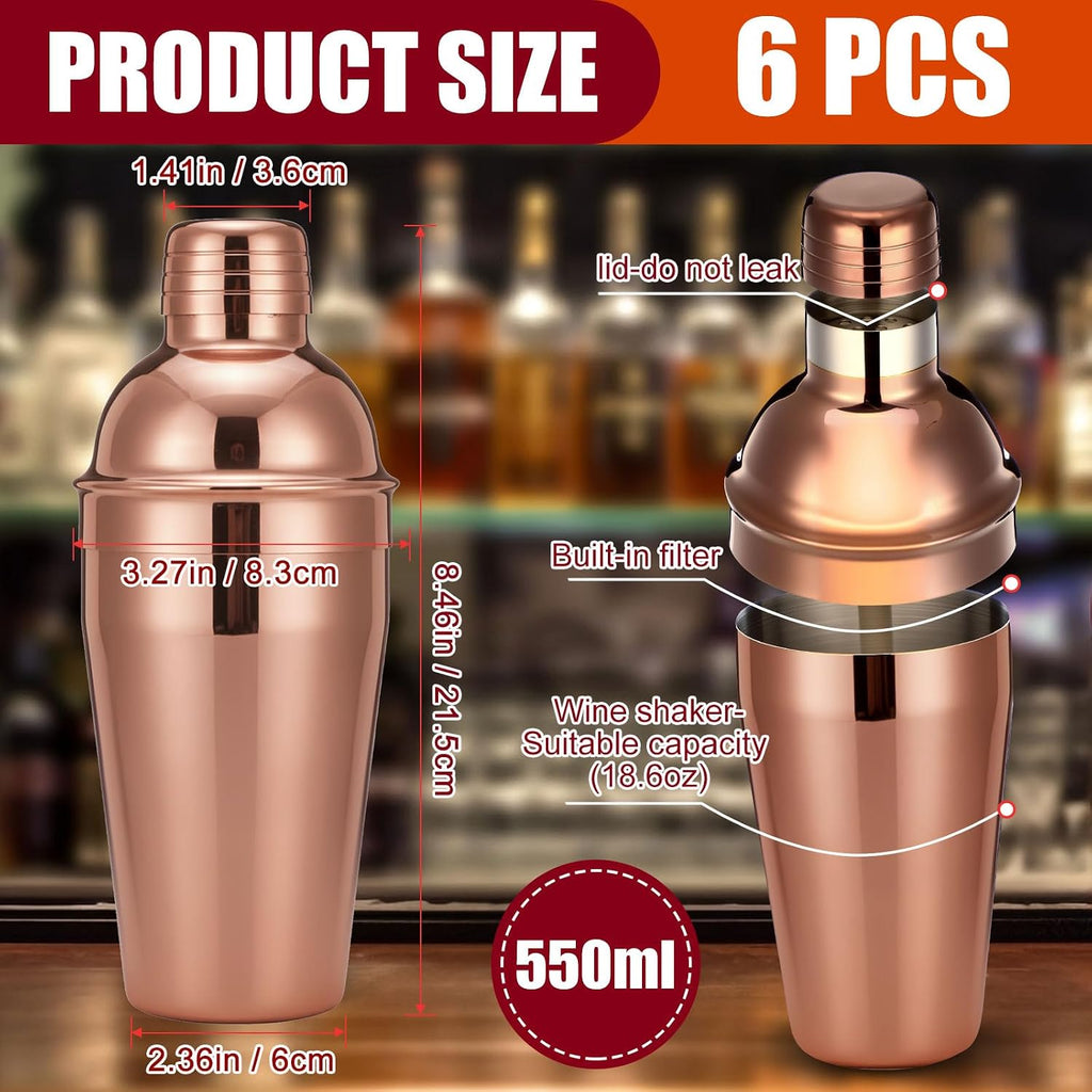 Bar Cocktail Shaker Stainless Steel, Rose Gold, 18.6 oz - Set of 6