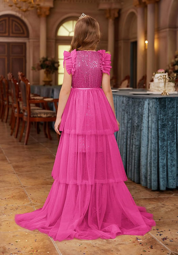 Girls Sequin Formal Pageant Fancy Party Ruffle Prom Maxi Dress