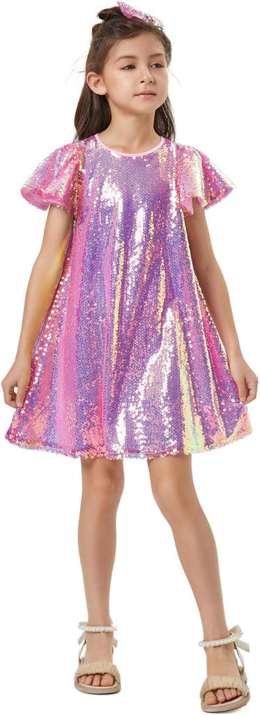 Sequin Dress Shiny Short Flutter Sleeve Midi Sparkly Party Dress with Hairbow
