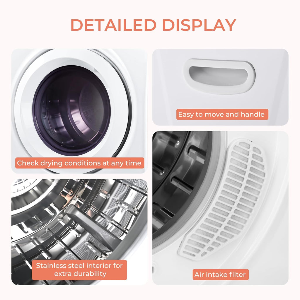 2.65 Cu.Ft Portable Dryer with Exhaust Hose, Clothes Dryer with Four Functions, 1400w Dryer Machine with Stainless