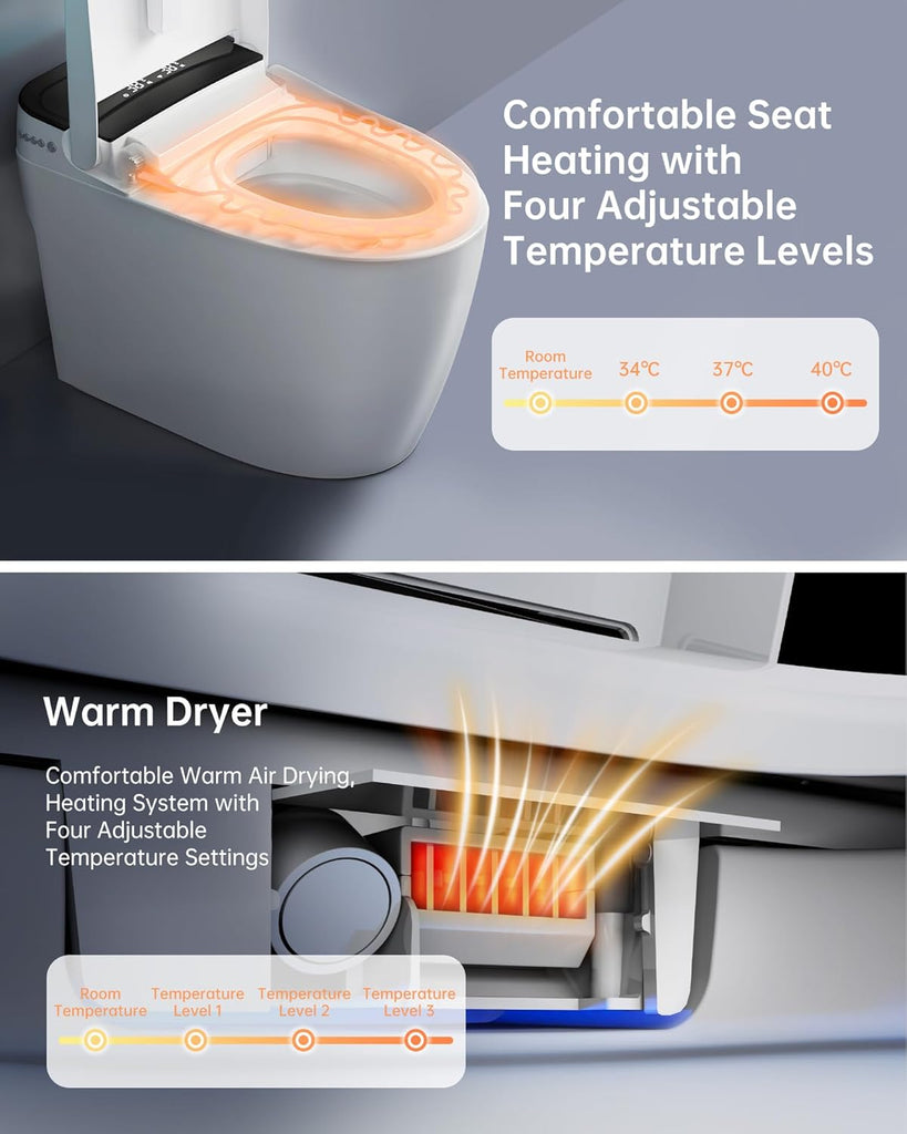 Smart Toilet,One Piece Bidet Toilet for Bathroom with Auto Open & Close Lid and Seat,Warm Water and Dry,Heated
