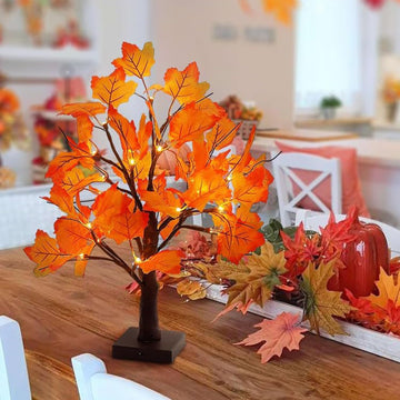 24" Artificial Fall Lighted Maple Tree with Timer, USB/Battery Operated, 24 LEDs & 48 Autumn Leaves, DIY Bendable