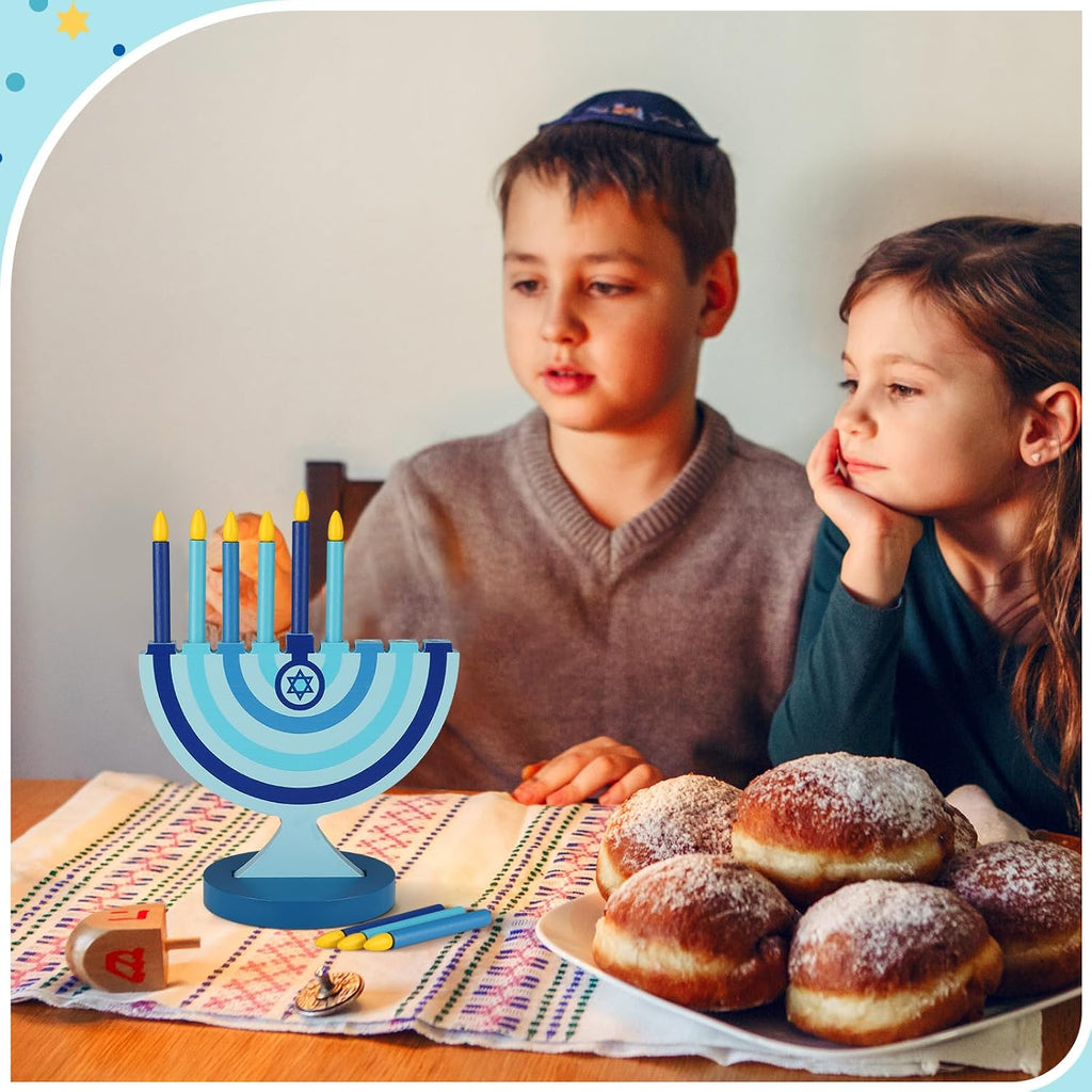 Wooden Hanukkah with 9 Removable Candles,Classic,Blue - Set of 9
