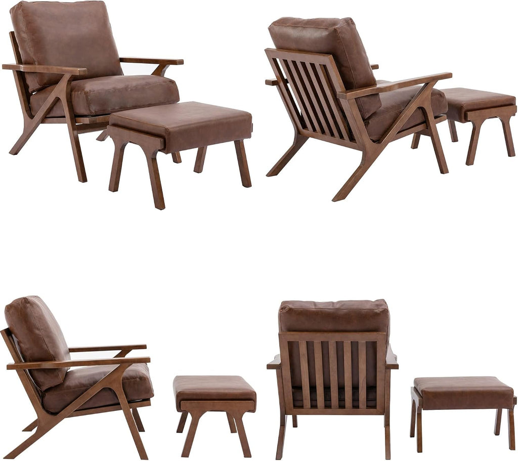 Mid-Century Modern Leather Accent Chair with Ottoman, Upholstered PU Leather Armchair with Solid Wood Frame, Comfy - Set of 2