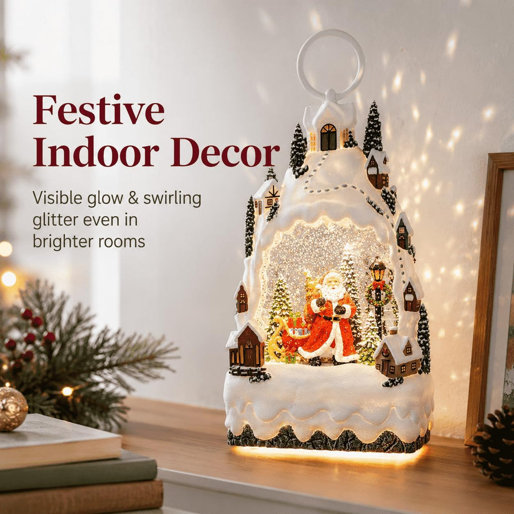 Christmas Snow Globe Lantern with 8 Songs, Santa Snow Mountain Water Globe with Swirling Silver Glitter, Warm Light