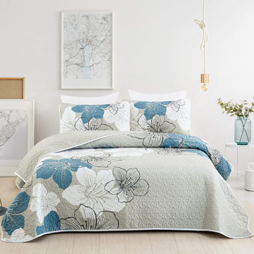 3 Pieces Quilt Set Queen Floral Pattern Coverlet Elegant Boho Bedspread with 2 Pillow Shams Lightweight Microfiber