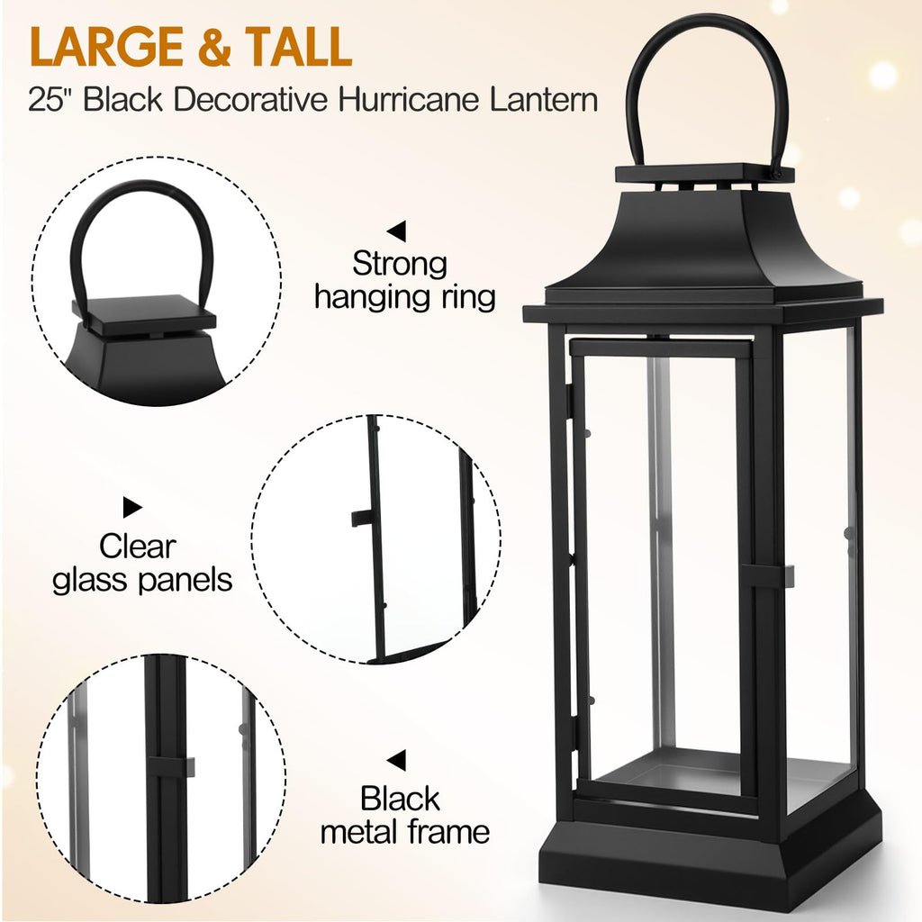 Farmhouse Large Lanterns for Outdoor 30 Inch Black Metal Lanterns with Glass Panels Hanging for Table Porch Vintage