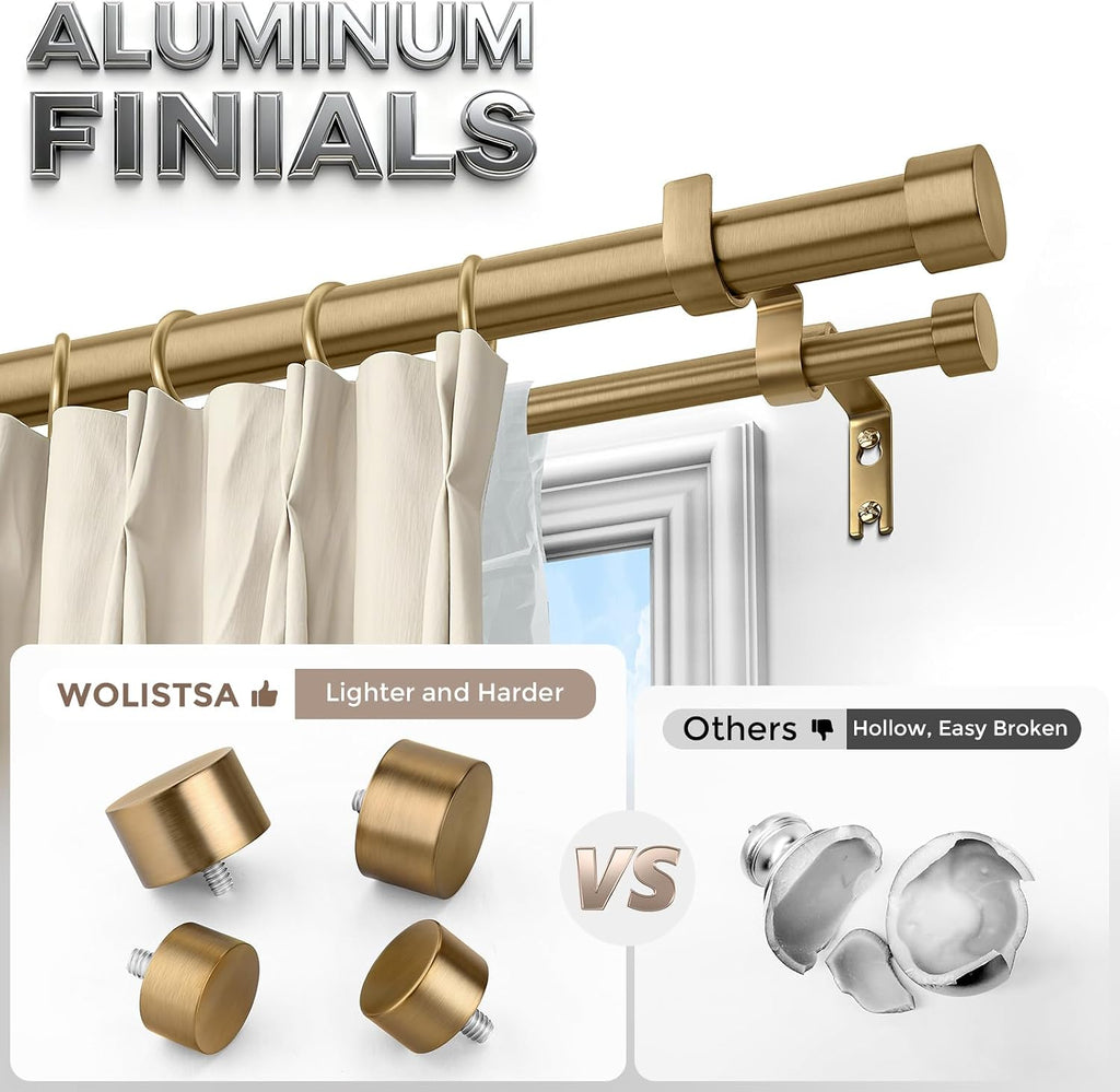 Warm Gold Double Curtain Rod, Brass Extra Long Dual Curtain Rods for Windows 36 to 153 Inch, 1 Inch Adjustable Heavy