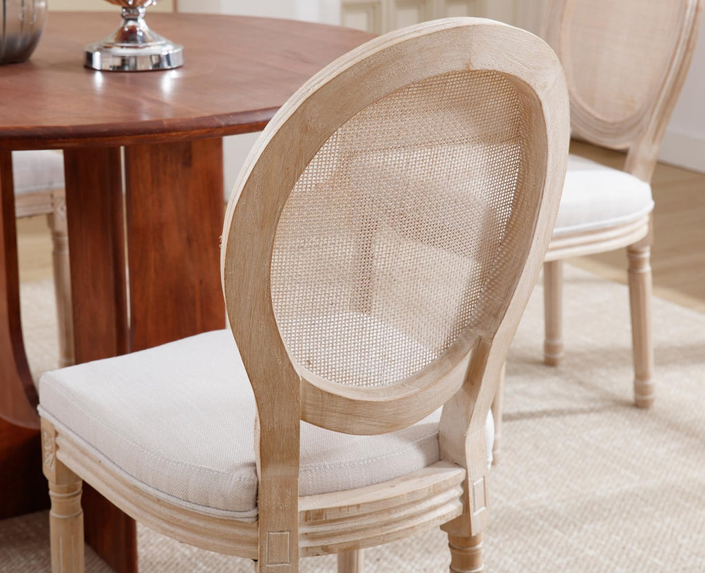 Farmhouse Dining Chairs Set of 2, Round Rattan Back French Country Dining Room Chairs Vintage Fabric Upholstered