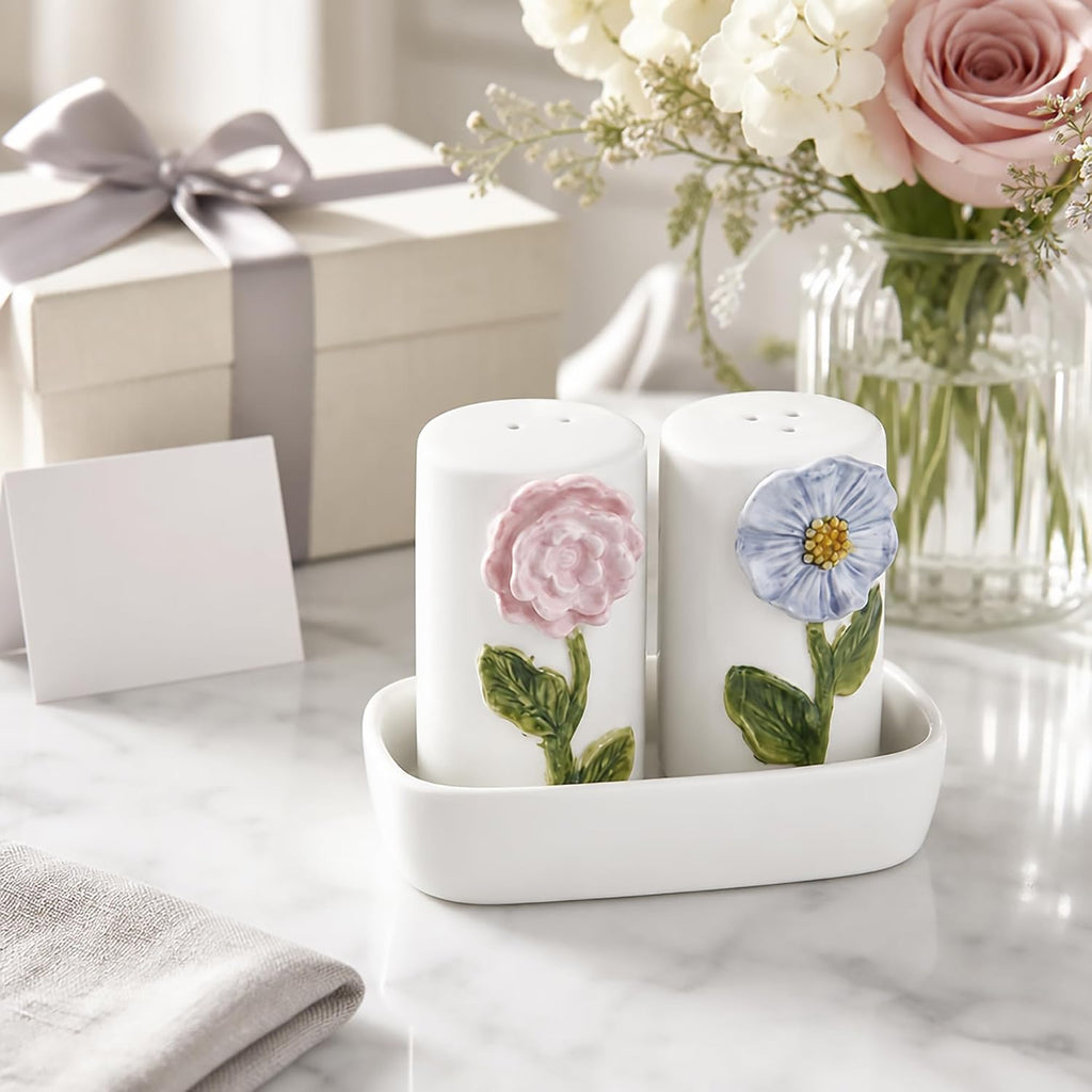 Stoneware Flower Salt And Pepper Shaker Set - Set of 3
