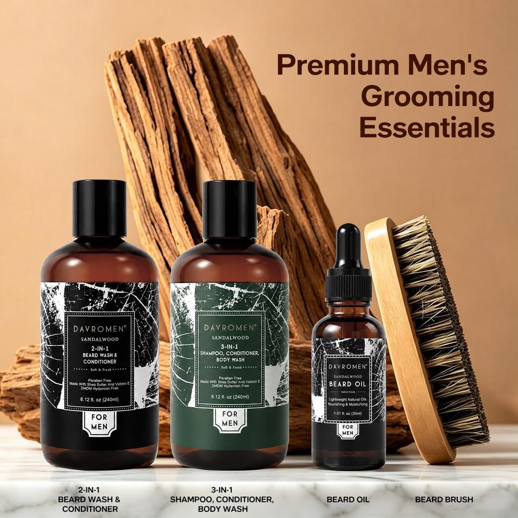 Men's Self Care Gift Set, 4 Pcs Sandalwood Scented Luxury Spa & Grooming Set, Birthday & Father's Day Gifts Set for