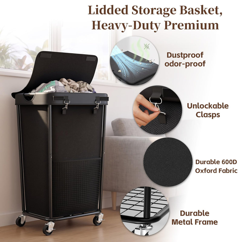 Hamper with Wheels and Lid, 110L Large Rolling Laundry Basket Black